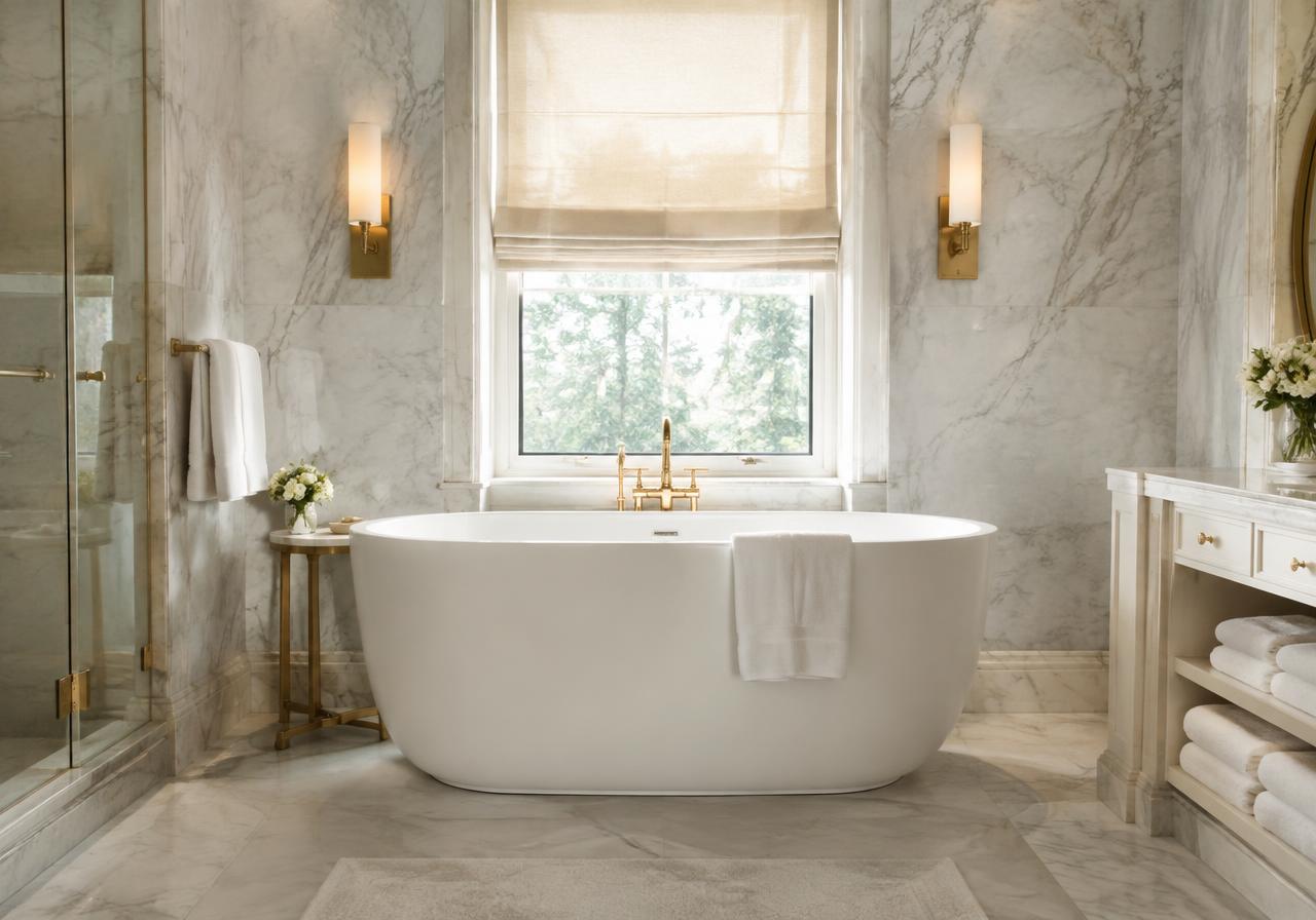 Clean marble bathroom with freestanding tub ready for move-in in Boca Raton