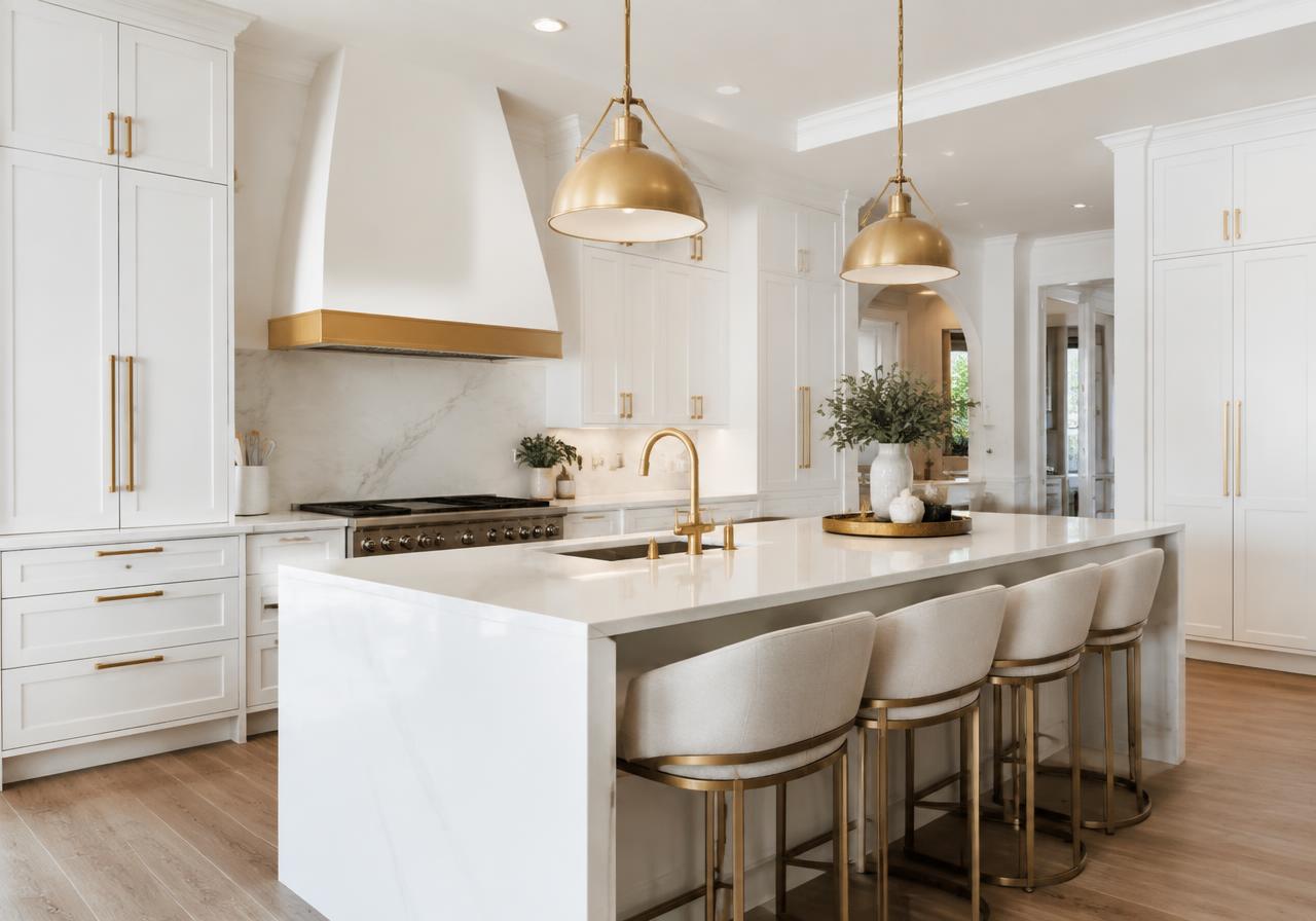 Spotless white kitchen with gold fixtures in a Boca Raton home